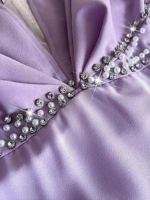 SHEIN PETITE CURVE 大码女士优雅浪漫V领短袖飘逸连衣裙，春夏款 - 紫色 - 查看 7