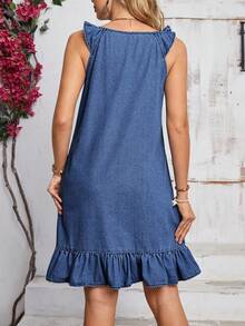 Breezaya Vestido de mezclilla casual y holgado para mujer con mangas cortas, dobladillo con volantes y bolsillos, para verano - Azul lavado medio - Ver 2