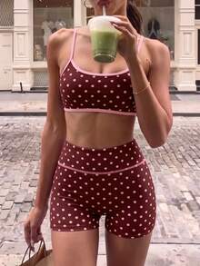SHEIN Sports Women's Polka Dot Print Solid Color Trim Sports Tank Top And Shorts High Elastic Comfortable Athletic Set - Multicolor - View 3