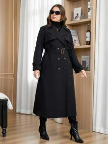 Reflora 大尺碼女款純色翻領長袖雙排扣風衣，黑色，辦公正式優雅秋季款 - 黑色 - 查看 8