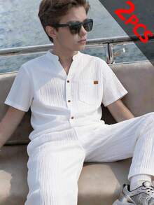 SHEIN 2件組青少年男孩寬鬆對比色圖案印花 Polo 領短袖針織上衣套裝，休閒風 - 白色 - 查看 2
