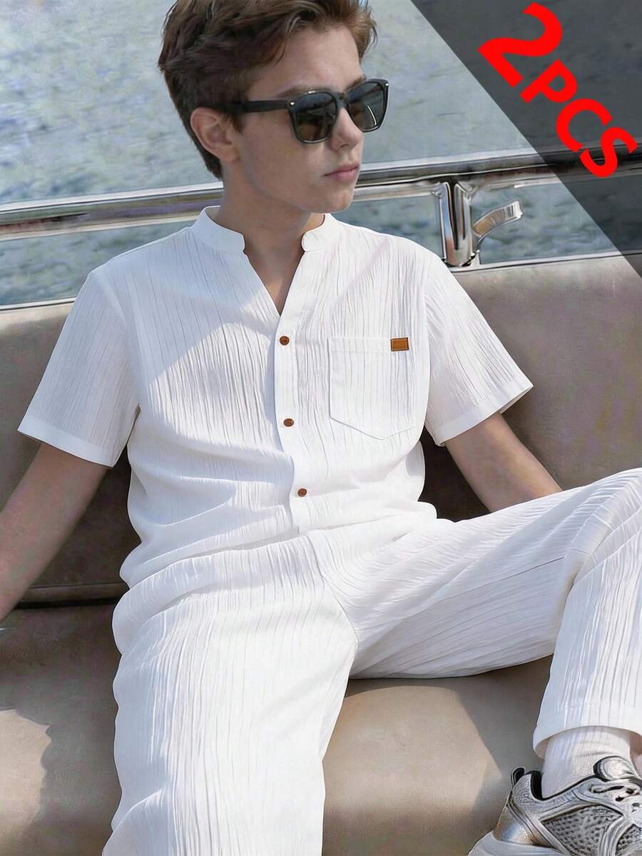 SHEIN 2件組青少年男孩寬鬆對比色圖案印花 Polo 領短袖針織上衣套裝，休閒風