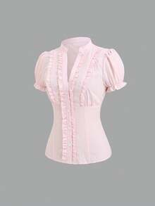 Sweetra French Romantic Elegant Girl Style Soft Light Pink Textured Ruffle Waist Blouse, V-Neck Puff Sleeve Design, Daily Fashion Brunch Tea Party Summer - Pink - View 4