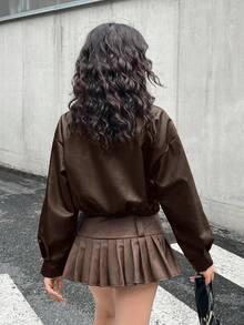SHEIN Jaket Kulit PU Warna Polos Cokelat dengan Kerah untuk Remaja Perempuan, Jaket Kasual Pendek, Jaket PU Gaya Jalanan Keren untuk Olahraga dan Berkendara dengan Resleting, Jaket Luar Serbaguna Warna Cokelat Tua, Cocok untuk Kembali ke Sekolah - Coklat - View 2