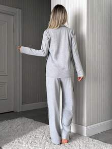 SHEIN Grey Button Front Contrast Side Stripe Casual Pajama Set - Grey - View 2