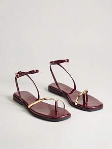 SHUZIA #UrbanLuxe 女士电镀金 TPU 绑带酒红色踝带环趾平底凉鞋 – 优雅、简约、奢华的日常风格。 - 酒紅色 - 查看 3
