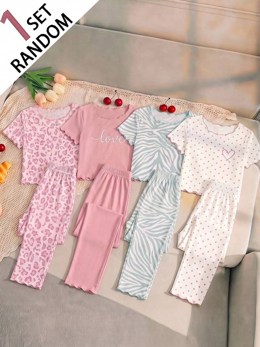 SHEIN (隨機1套) 青少年女孩睡衣，四季熱銷波點、粉色豹紋、英文字母組合印花，針織圓領荷葉邊飾，短袖與長袖2件式居家休閒睡衣套裝，1套 - 彩色 - 查看 1