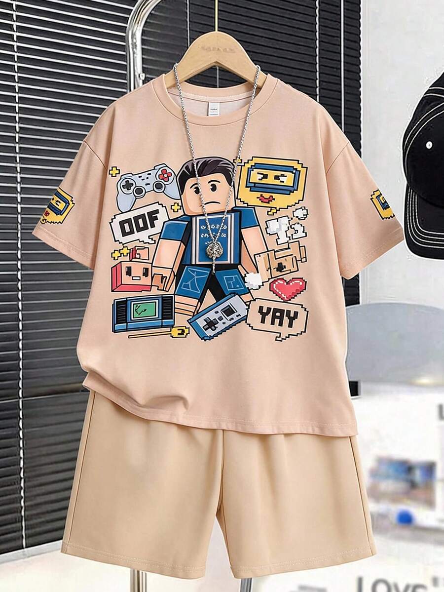 SHEIN 2件組青少年男孩休閒簡約短袖圓領套裝，適合夏季