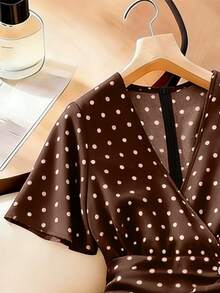 Velvienne Plus Size Woven Elegant Polka Dot Summer Women's Dress - Coffee Brown - View 5