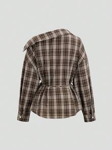 Sweetra Women's Lapel Open Front Button-Up Patchwork Waist Tie Large Plaid Casual Long Sleeve Shirt - Coffee Brown - View 2