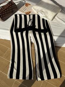 Comfortcana Plus Size Spring/Autumn Crochet Striped Vintage Sweater Pants Halloween - Black and White - View 8