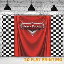 Latar Belakang Dekorasi Tema Ulang Tahun Mobil Merah Kotak-kotak Hitam Putih 2D 1 buah, Latar Belakang Foto Mobil Balap Merah, Spanduk Selamat Ulang Tahun untuk Properti Photobooth - warna-warni - View 4