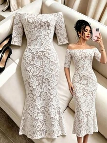SHEIN Elenzya Elegant Commute Lace Print Off-Shoulder Dress - Multicolor - View 3