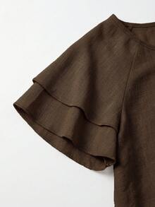 Balvessa Women's Double Layer Ruffle Raglan Sleeve Round Neck Top, Elegant Commute Style For Spring/Summer - Brown - View 5