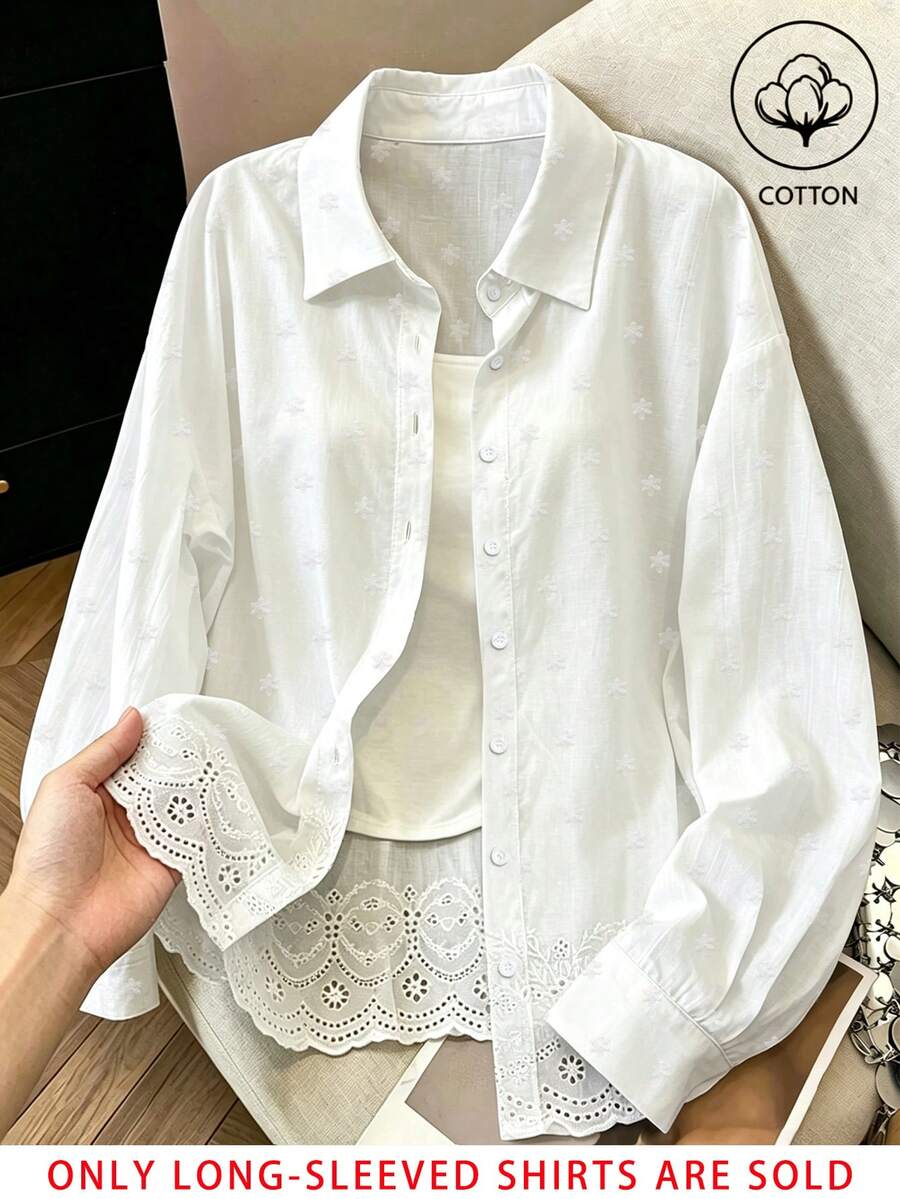 Franclia Kemeja Wanita Kasual Modis Sepanjang Musim, Serbaguna, Warna Polos, Bordir, Dapat Dilacak, Katun Murni, Potongan Longgar, Cocok untuk Musim Gugur. - Putih - View 1