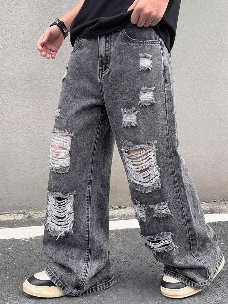 SHEIN 青少年男孩口袋磨損寬腿寬鬆休閒牛仔長褲 - 淺色水洗藍 - 查看 1