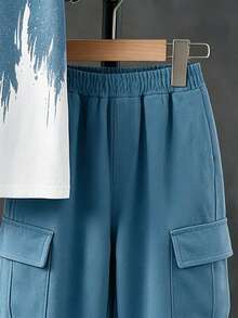 SHEIN 1 Random Set,Minimalist Letter Pattern Cargo Pants Set, Blue Gradient Font Print, Suitable For Boys School Clothes Comfortable - Multicolor - View 8