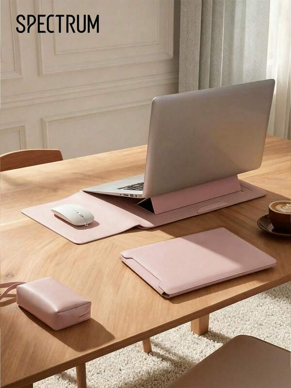3 In 1 PU Leather Laptop Sleeve Set, Built-In Foldable Laptop Stand + Mouse Pad + Small Accessory Pouch, Waterproof Notebook Protective Case, Travel Office Laptop Bag