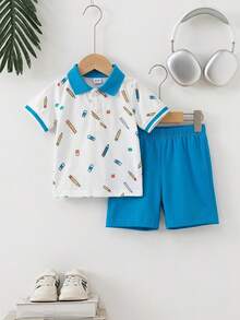 SHEIN 幼童男童夏季休閒兩件套，包含棕櫚樹與船隻印花領子 Polo 衫及彈性腰圍短褲，時尚舒適，適合 6 個月至 3 歲男童，適合日常穿著、戶外活動及返校 - 藍色 - 查看 4