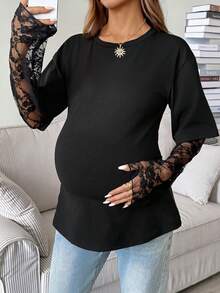 SHEIN Kaos Hamil Motif Renda Patchwork 2 in 1 untuk Musim Gugur - Hitam - View 1