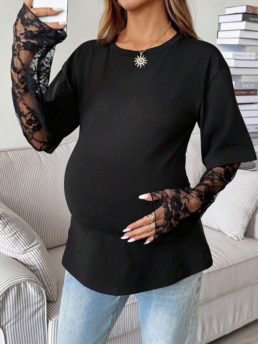 SHEIN Kaos Hamil Motif Renda Patchwork 2 in 1 untuk Musim Gugur - Hitam - View 1