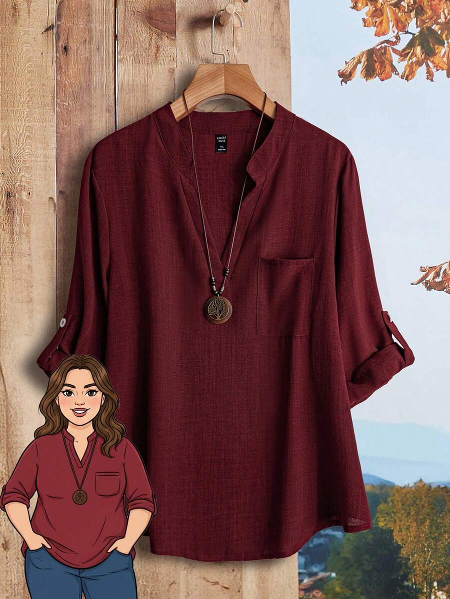 Rusticease Plus Size Women Solid Color Deep V-Neck Roll Sleeve Casual Shirt Fall - Burgundy - View 1