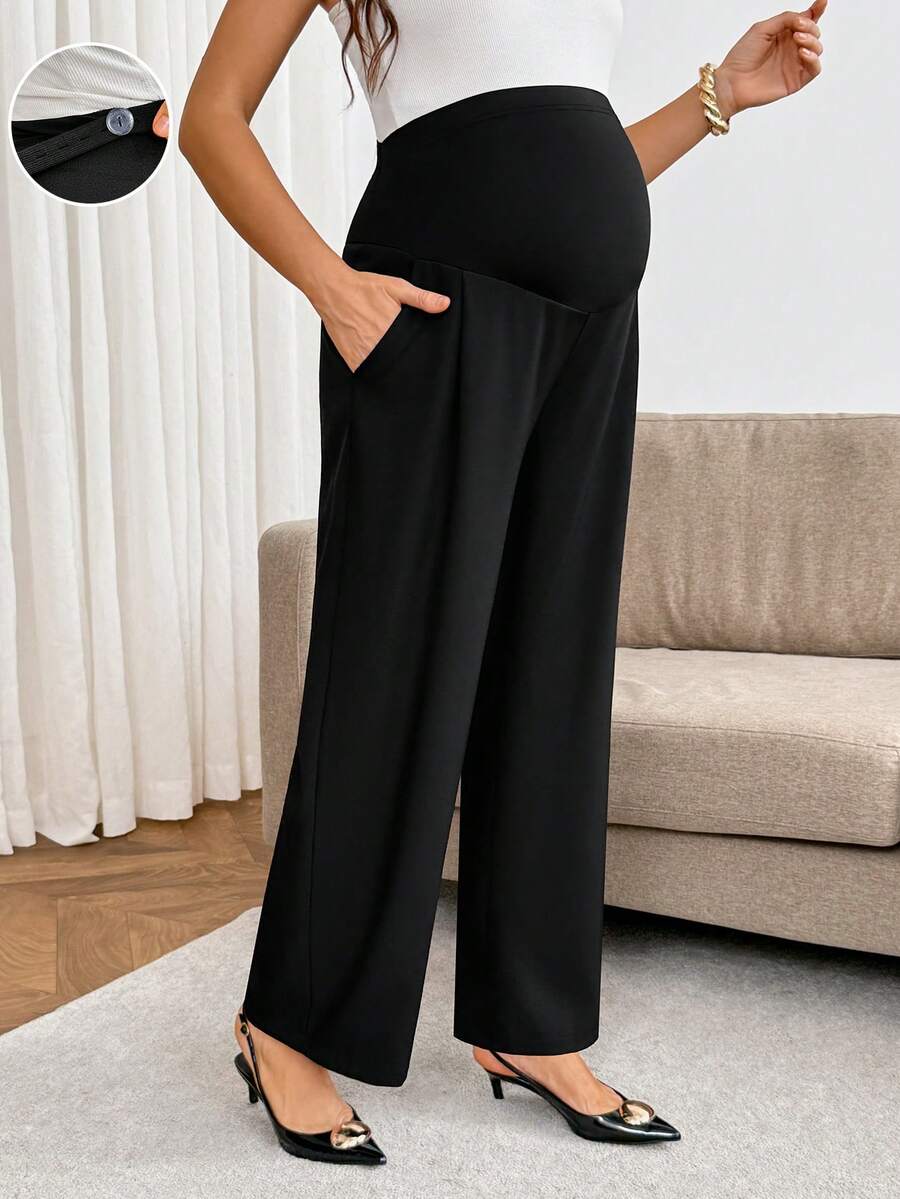 SHEIN Comfortable Versatile Adjustable Waistband Pocket Pants For Pregnant Women, Daily Wear Fall - Black - View 1