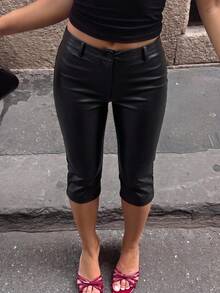 SHEIN EZwear 女款純色PU皮革休閒百搭日常穿搭七分褲 - 黑色 - 查看 6