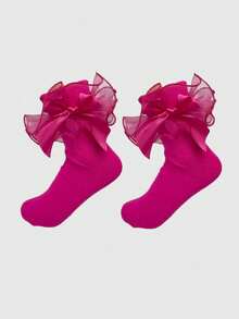 ROMWE Kawaii Calcetines tubo de malla con volantes y lazo en contraste para mujer - Rosa roja B12 - Ver 4