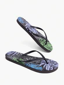 Grefit 女款夾腳拖鞋，夏季熱帶花卉印花，簡約度假沙灘拖鞋 - 靜夜黑 - 查看 12