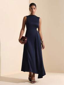 Vesra Women's Elegant Sleeveless Dress With Stand Collar, One-Side Ruched Ring Buckle Decor And Flared Draped Hem - Navy Blue - View 3