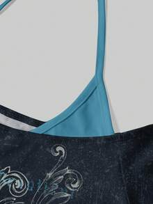 Attitoon Camiseta 2 en 1 de manga corta con cuello halter y estampado de mariposa y letra para mujer - Multicolor - Ver 6