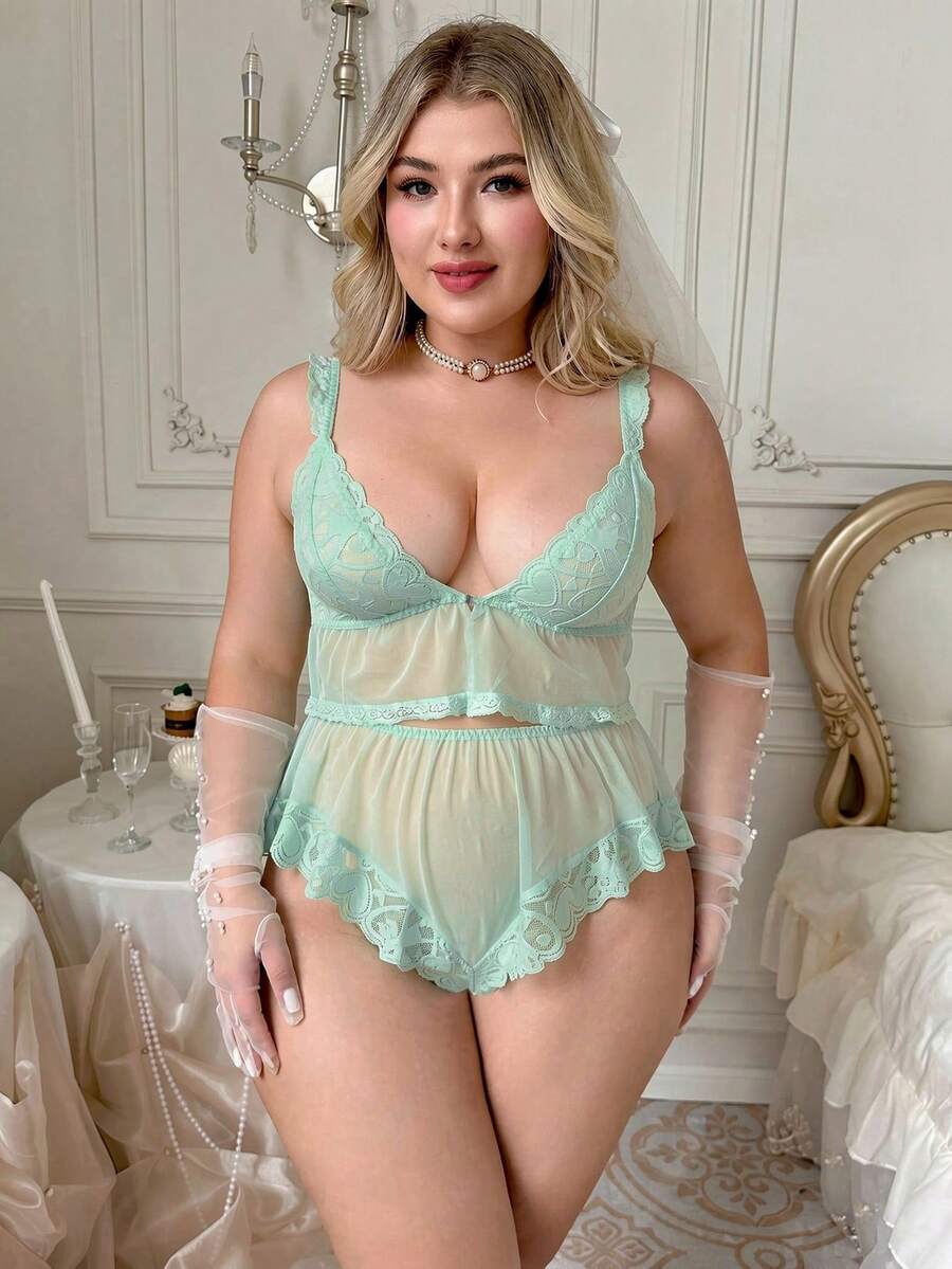 Crystal Vow 2pcs Lace Contrast Mesh Plus Size Sexy Wireless Bra - Mint Green - View 1