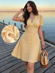 Modelyn Women's French Style Summer New Knit Jacquard Petal V-Neck Puff Lantern Sleeve Short Sleeve Waist-Cinched Umbrella Skirt Short Dress Vacation Date - Yellow - View 7