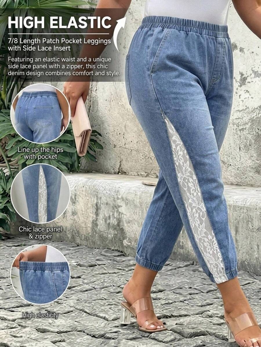 SHEIN EMERY ROSE CURVE Plus Size Lace Patchwork Fashion Pocket Denim Cropped Pants - Blue - View 1