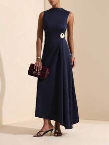 Vesra Women's Elegant Sleeveless Dress With Stand Collar, One-Side Ruched Ring Buckle Decor And Flared Draped Hem - Navy Blue - View 1