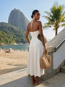 CAJUNI Vestido de vacaciones para mujer con bordado, calado, plisado, cuello halter y lazo en la cintura - Crema - Ver 2