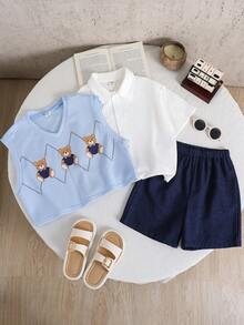 SHEIN Little Byeori 3件套儿童/青少年/女孩可爱小熊印花蓝色无袖背心、白色短袖衬衫和藏蓝色短裤套装，适合春夏季节日常穿着、上学、户外活动和运动。 - 藍色 - 查看 5