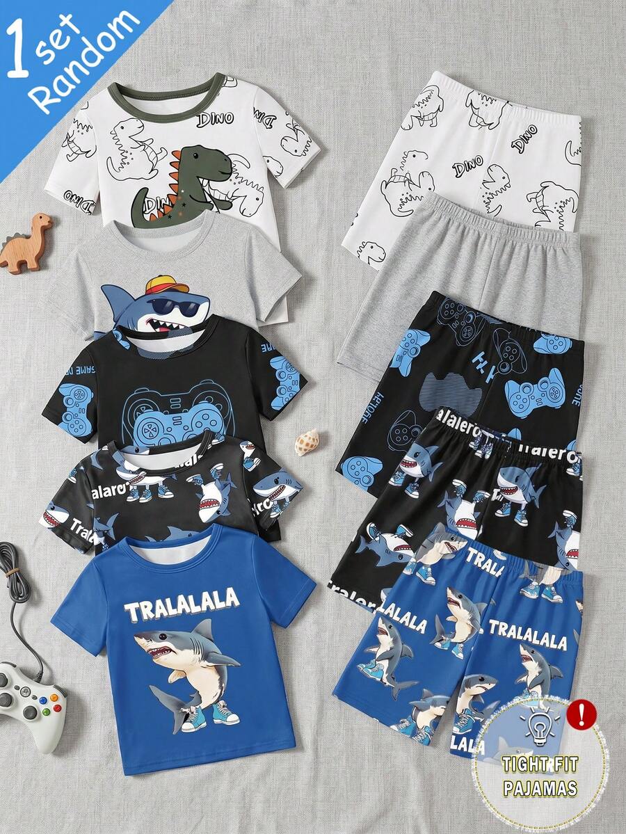 【5套随机发货,1套寄送】男童睡衣,春夏新品,时尚热销,趣味滑板鞋图案,鲨鱼、恐龙、游戏机印花,针织紧身弹力面料短袖短裤两件套睡衣(随机发货) - 彩色 - 查看 1