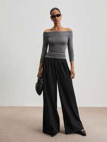 ATUI Studio Atasan Rajut Wanita Lengan 3/4 Campuran Wol Tencel Motif Marmer Layar Perak Model Bahu Terbuka - Atasan untuk Transisi Musim Gugur/Musim Dingin, Pakaian Berlapis yang Penting - Light Grey - View 5