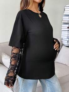 SHEIN Kaos Hamil Motif Renda Patchwork 2 in 1 untuk Musim Gugur - Hitam - View 5