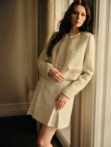 MOTF PREMIUM FRENCH ELEGANT EXQUISITE FASHION DESIGN LUXURY PEARL TRIM LONG SLEEVE BOXY OVERCOAT - Apricot - View 7