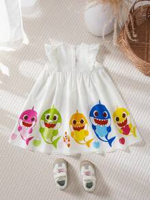 BABY SHARK X SHEIN Young Girl Cartoon Print Casual Daily Summer Dress - White - View 2