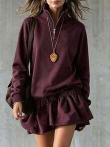 LUMIGAL Women's Solid Color Pleated Casual Versatile Daily Long Sleeve Sweatshirt Everyday Night Out Burgundy Autumn - Burgundy - View 1
