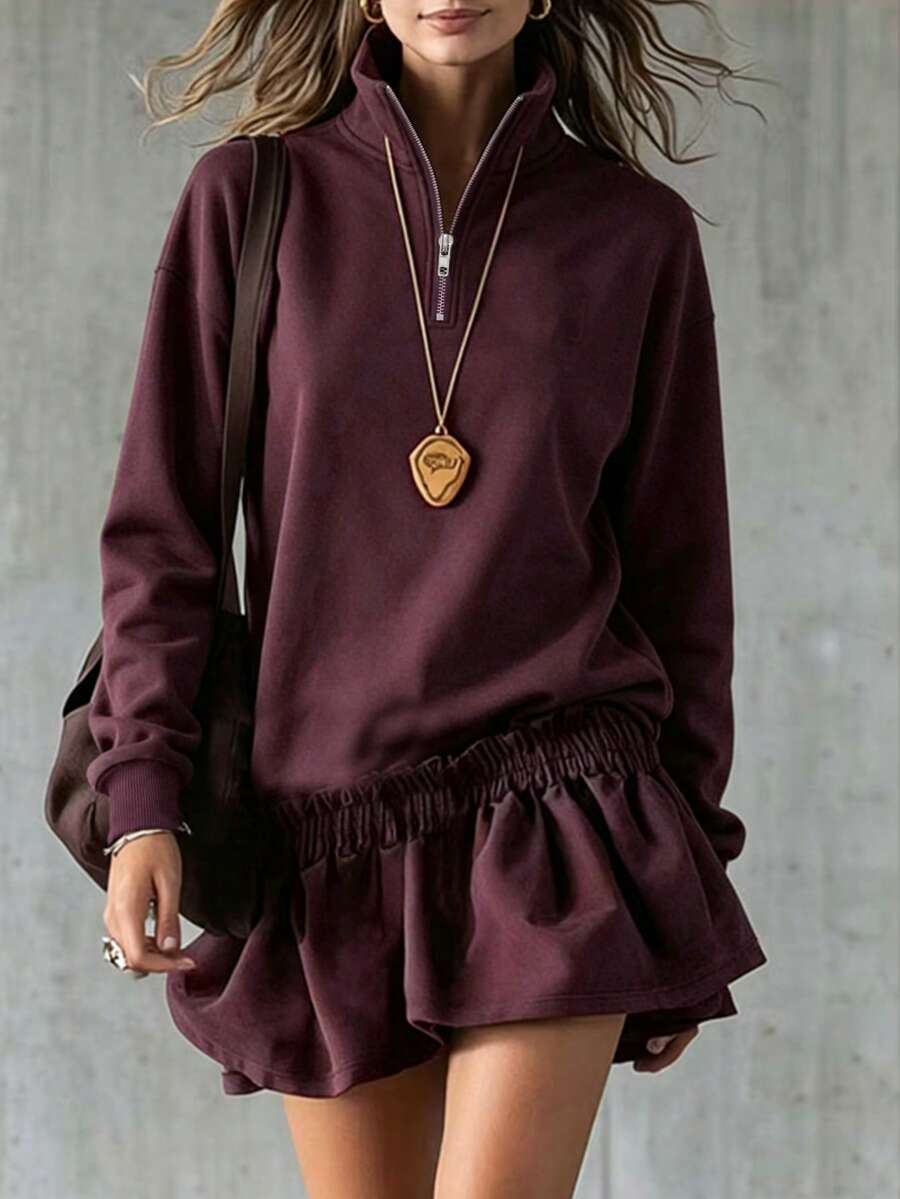 LUMIGAL Women's Solid Color Pleated Casual Versatile Daily Long Sleeve Sweatshirt Everyday Night Out Burgundy Autumn - Burgundy - View 1