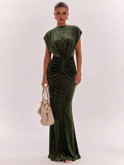 SHEIN BAE Autumn/Winter Dark Green Velvet Round Neck Short Sleeve Front Ruched Waist Fishtail Hem Elegant Dress, Party Dress, Elegant Dress, Date Dress