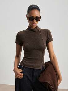 ATUI Studio Women's Funnel Neck Button Up Cap Sleeve Knit Top - Coffee Brown Jersey Top,AW Essential Layering Top,Effortless Minimalism Essential - Brown - View 3