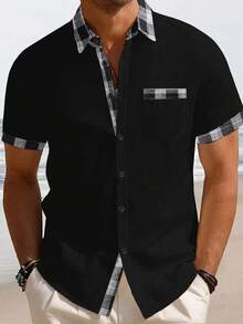 Manfinity Homme Men's Plus Size Casual Plaid Patchwork Pocket Single-Breasted Shirt - Black - View 1