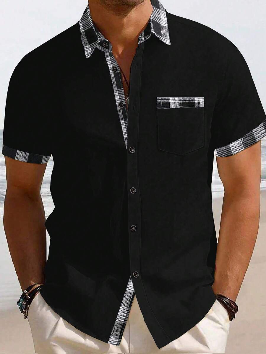 Manfinity Homme Men's Plus Size Casual Plaid Patchwork Pocket Single-Breasted Shirt - Black - View 1