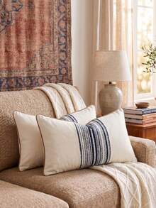 Cirelle 1pc/2pcs All-Season Middle Vertical Striped Patchwork Throw Pillow Covers, Square Cushion Cases With Piped Edge Design, Neutral Rustic Farmhouse Boho Home Decor For Sofas,Bedrooms,Bay Windows,Homestays&Influencer Apartments,Pillow Insert Not Included - Blue - View 4